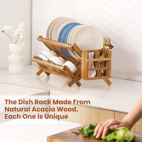 NOVAYEAH foldable acacia rack saves counter space after dish cleaning