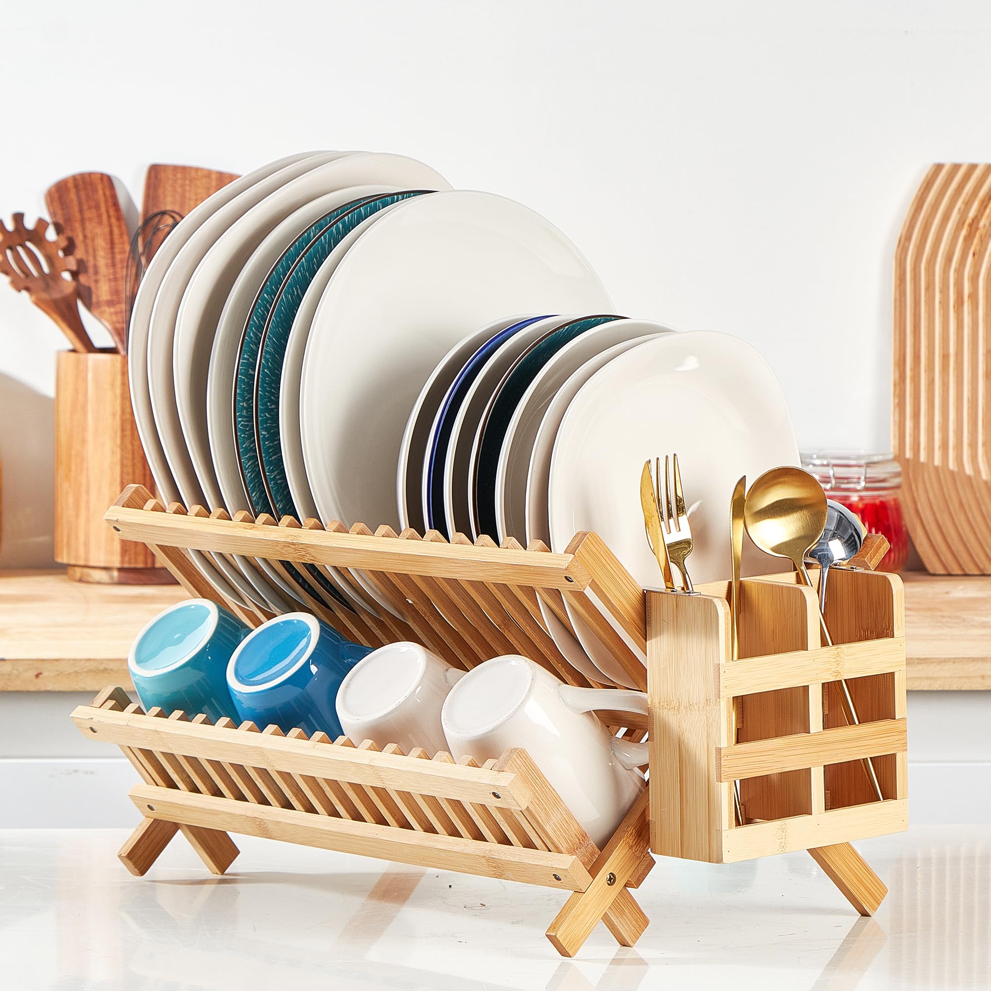 NOVAYEAH 2-tier capacity holds plates, cups, and a cutting board.