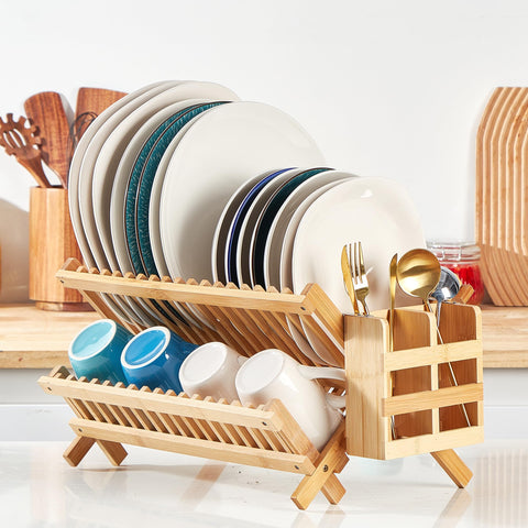 NOVAYEAH 2-tier capacity holds plates, cups, and a cutting board.