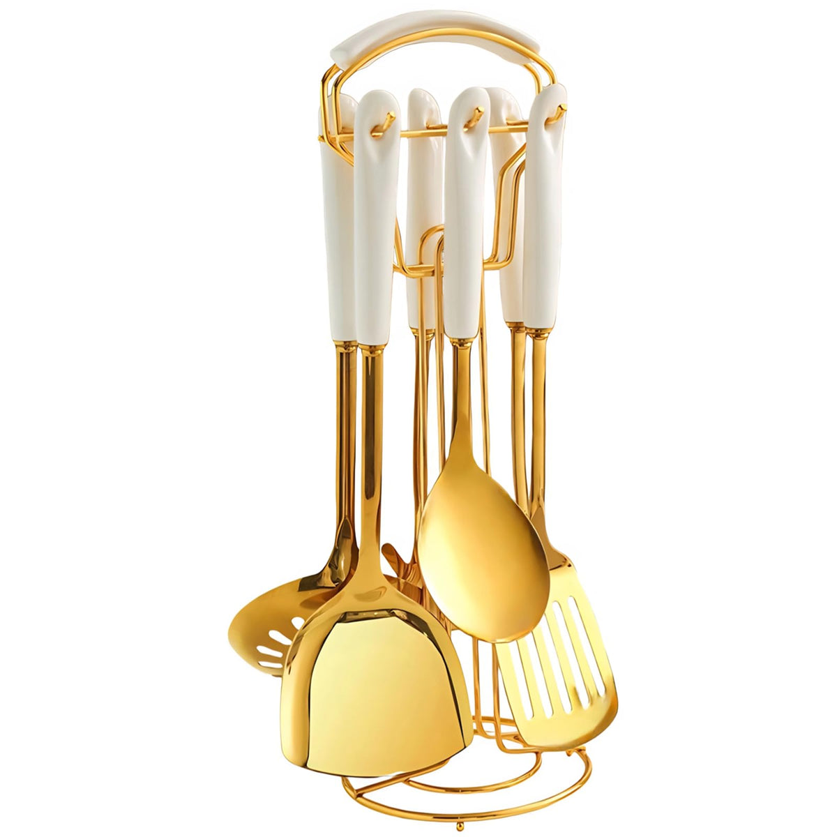 Novellus white and gold utensil holder showing organized storage and accessibility