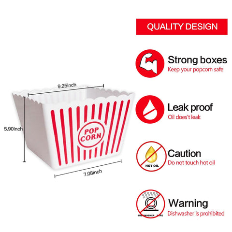 Novelty Place durable plastic popcorn box, easy to clean and reuse.