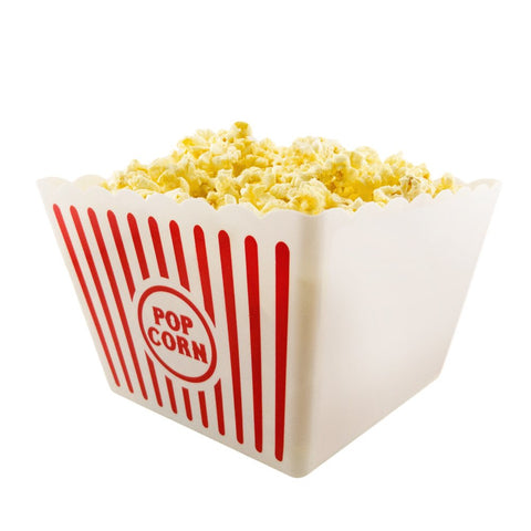 Novelty Place red and white striped popcorn box for movie night, reusable and festive.