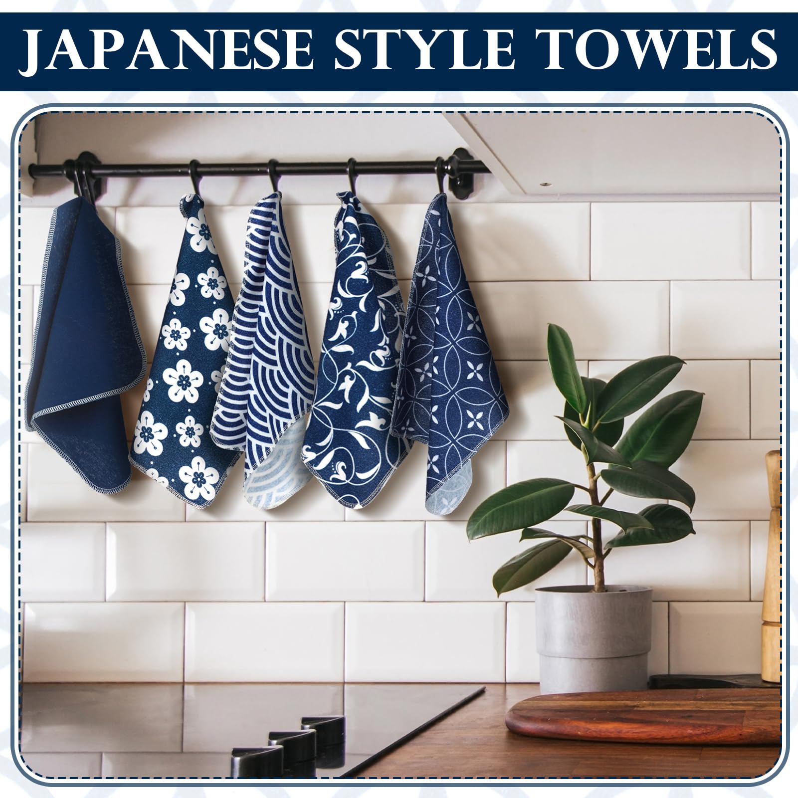 Noveread cotton kitchen napkins rolled neatly, blue patterns.