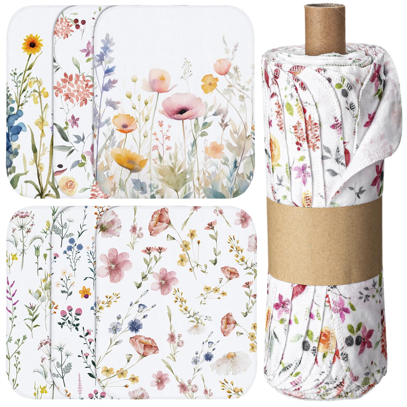 Noveread wildflowers dish towels rolled on a paperboard tube for neat storage.