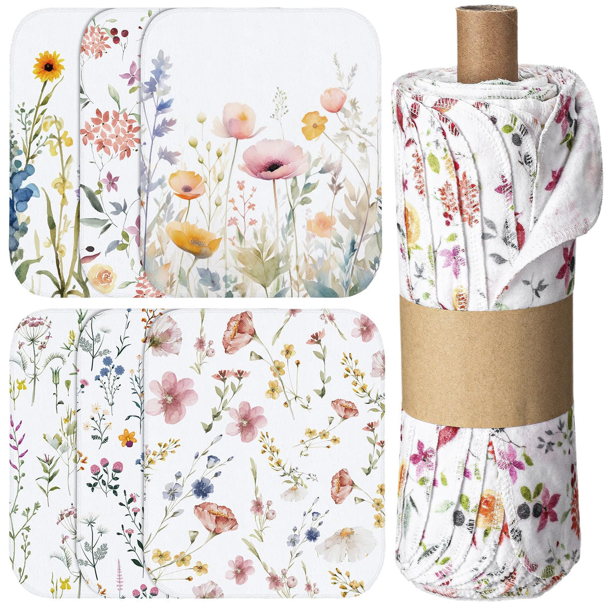 Noveread wildflowers dish towels rolled on a paperboard tube for neat storage.