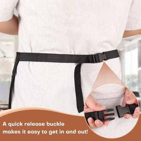 Adjustable belt buckle system on Noverlife server apron for secure fit.