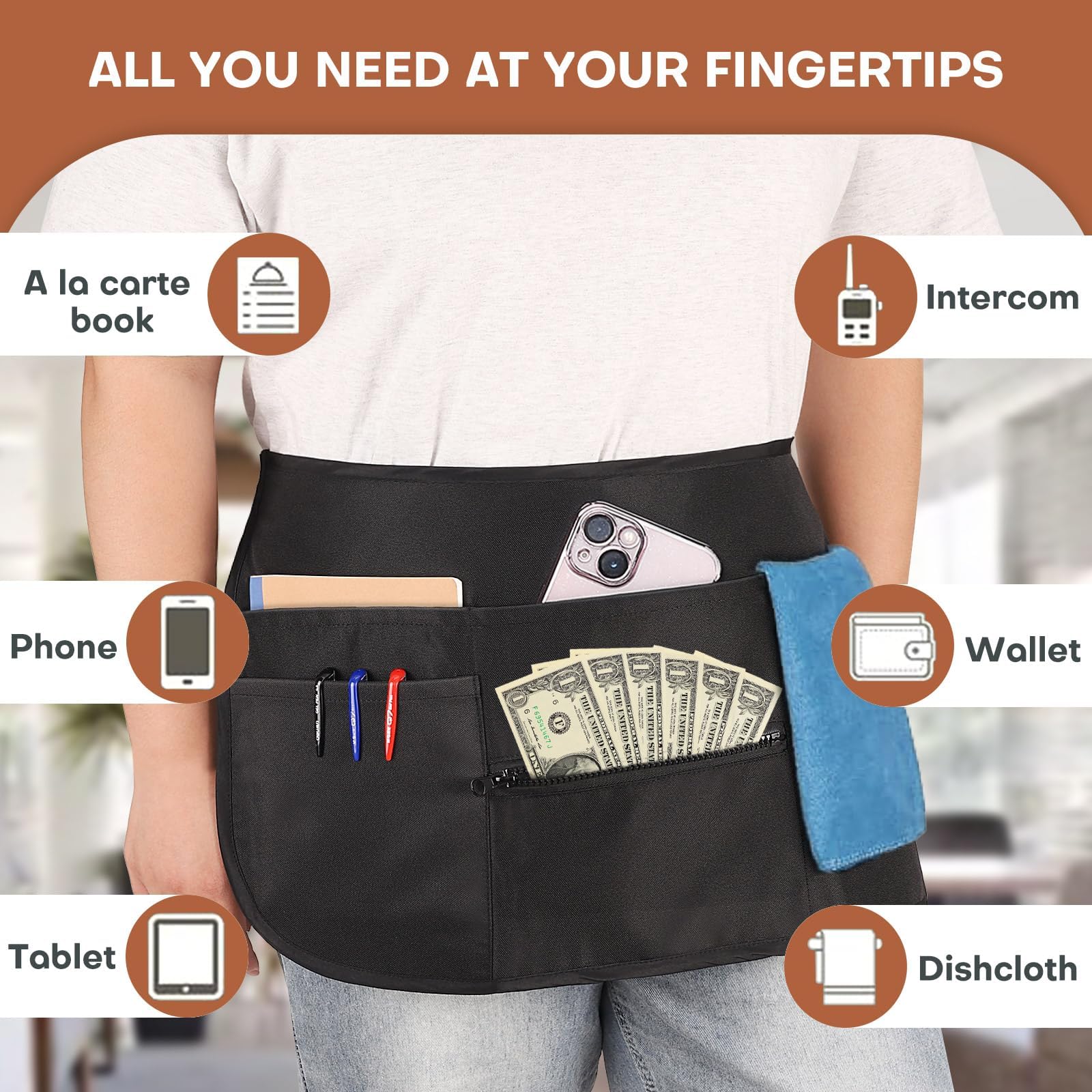 Six-pocket organization on Noverlife apron keeps essentials within reach.