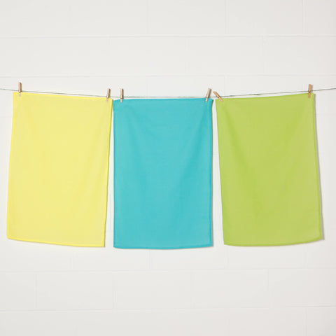 Now Designs flour sack towel chartreuse-turquoise-leaf pattern drying delicate glassware