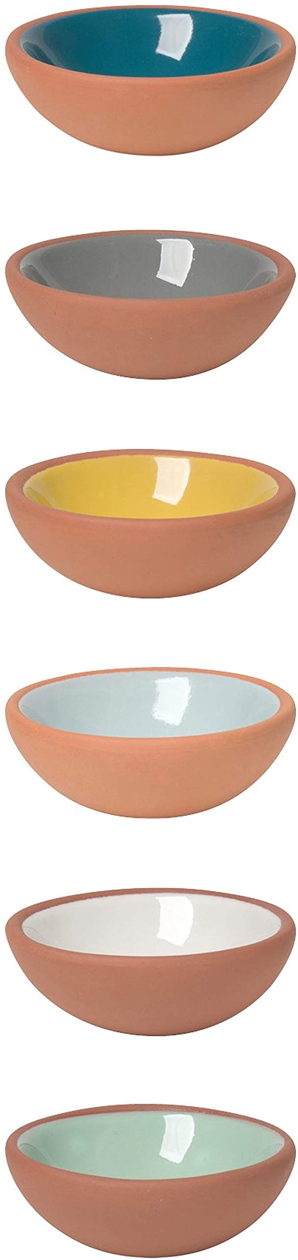 Now Designs terracotta pinch bowls set with glazed interiors in vibrant colors for sauces and condiments