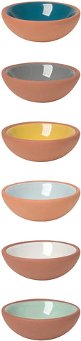 Now Designs terracotta pinch bowls set with glazed interiors in vibrant colors for sauces and condiments