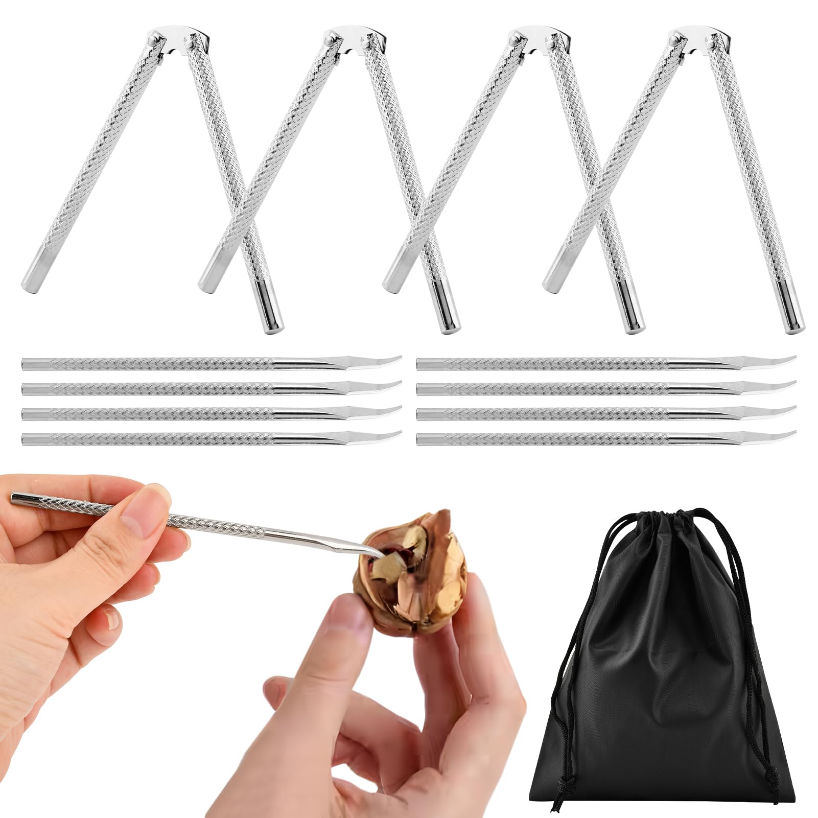 NOWHYX eight stainless steel picks for pulp removal after cracking.