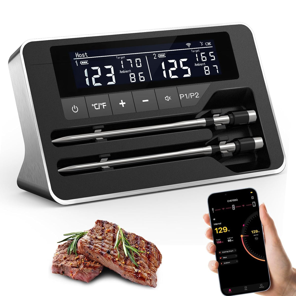 NoWoW dual-probe setup during cooking enables real-time monitoring.