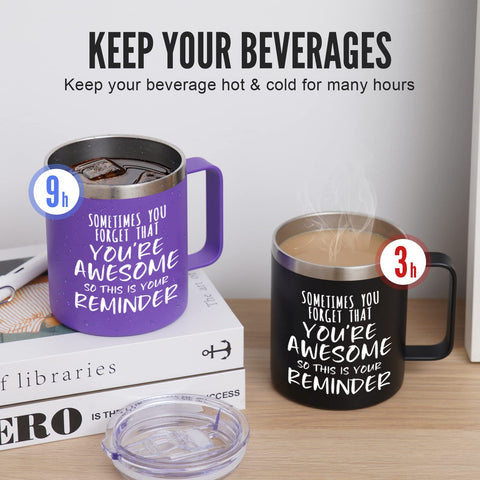 NOWWISH purple mug with temperature-control keeps beverages hot or cold.
