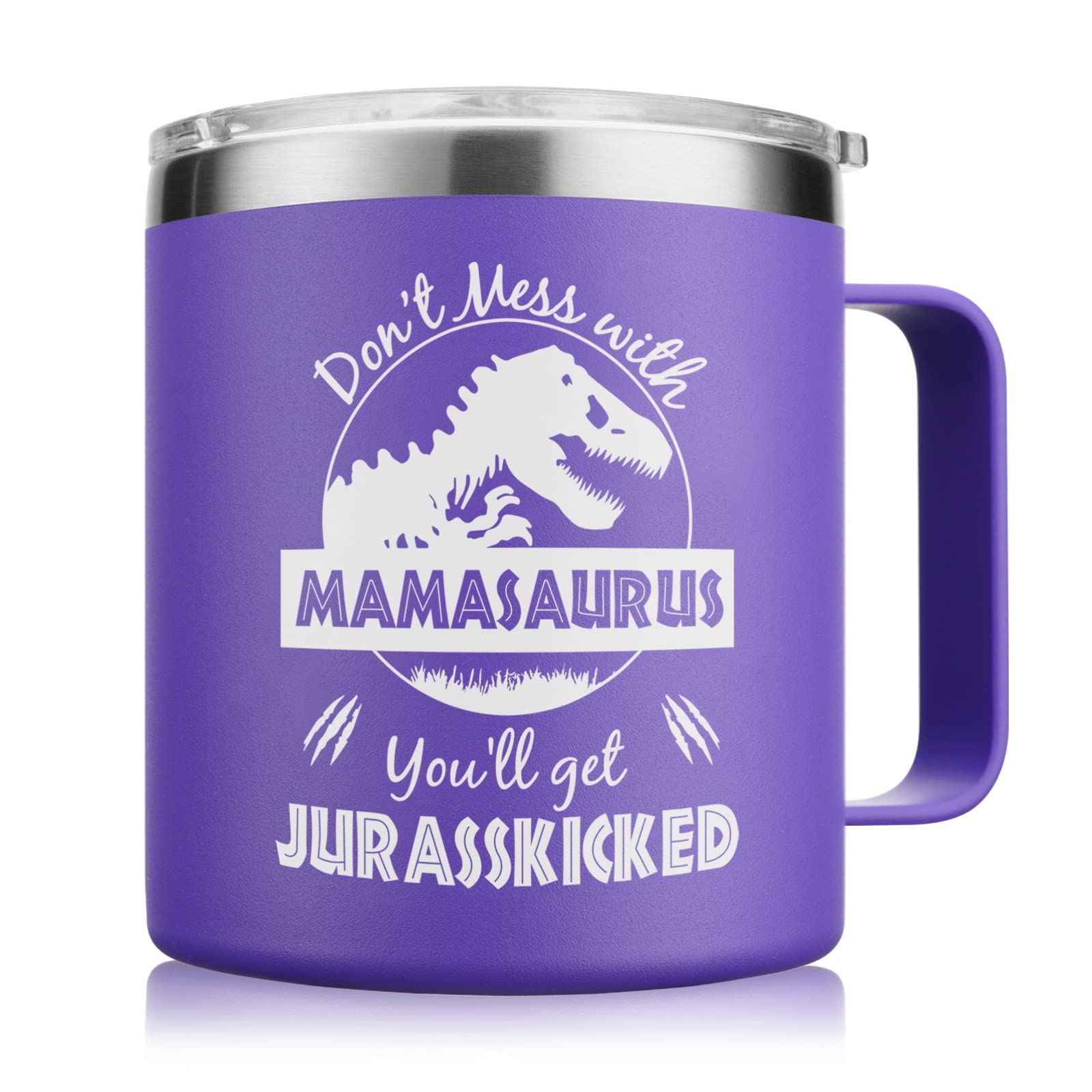 NOWWISH Mamasaurus mug 14oz with lid keeps hot coffee ready.