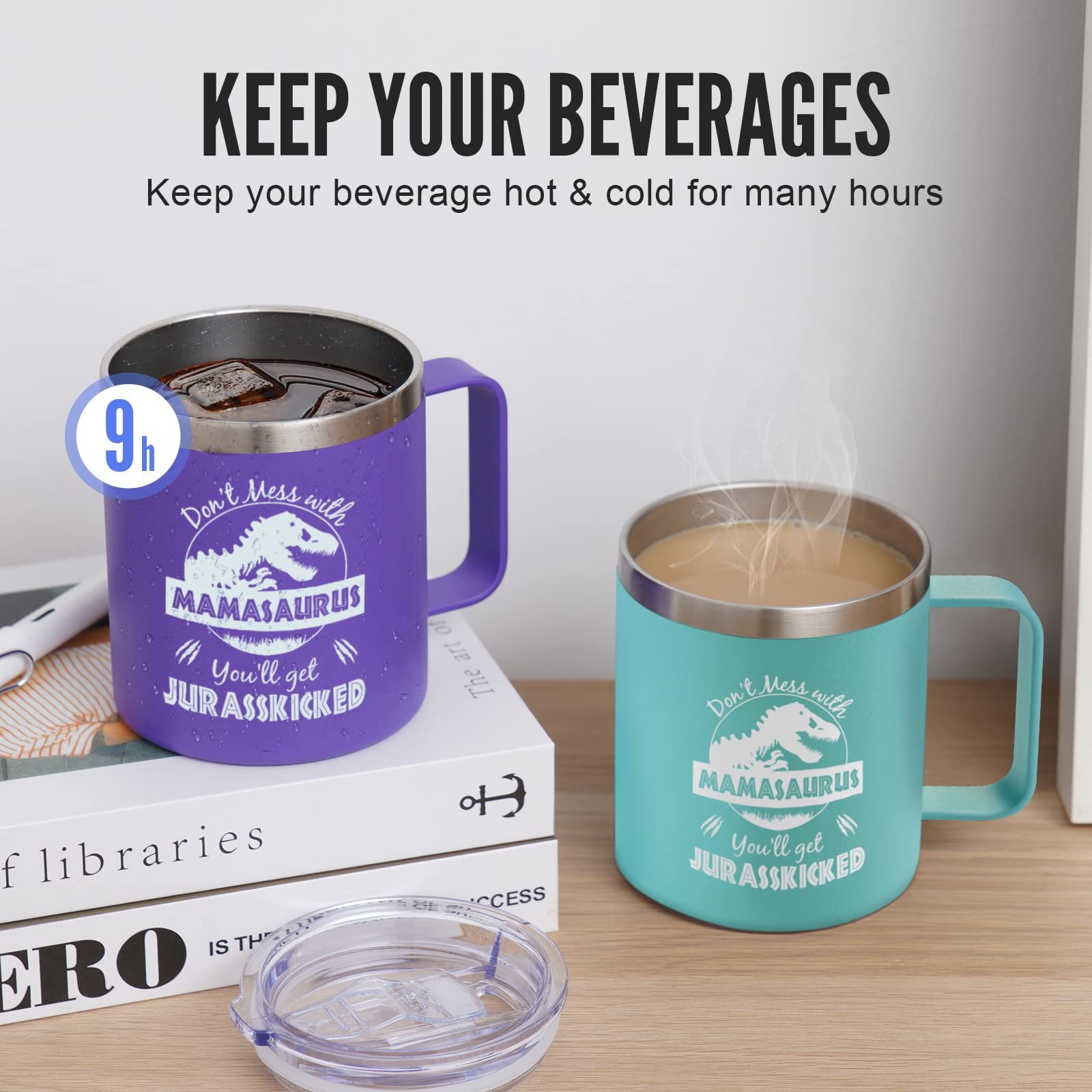 NOWWISH Mamasaurus mug keeps beverages hot or cold for hours.