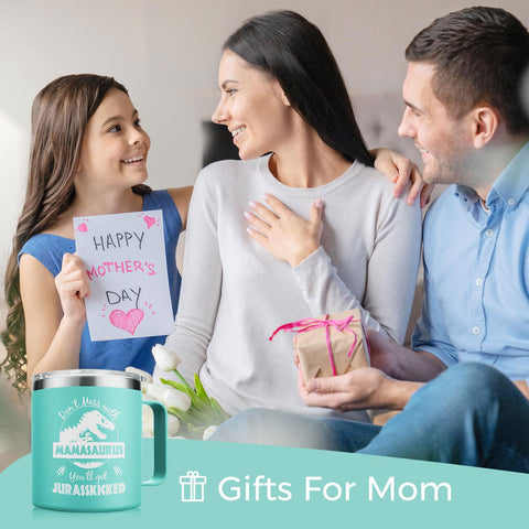 NOWWISH Mamasaurus tumbler shows durable stainless steel body.