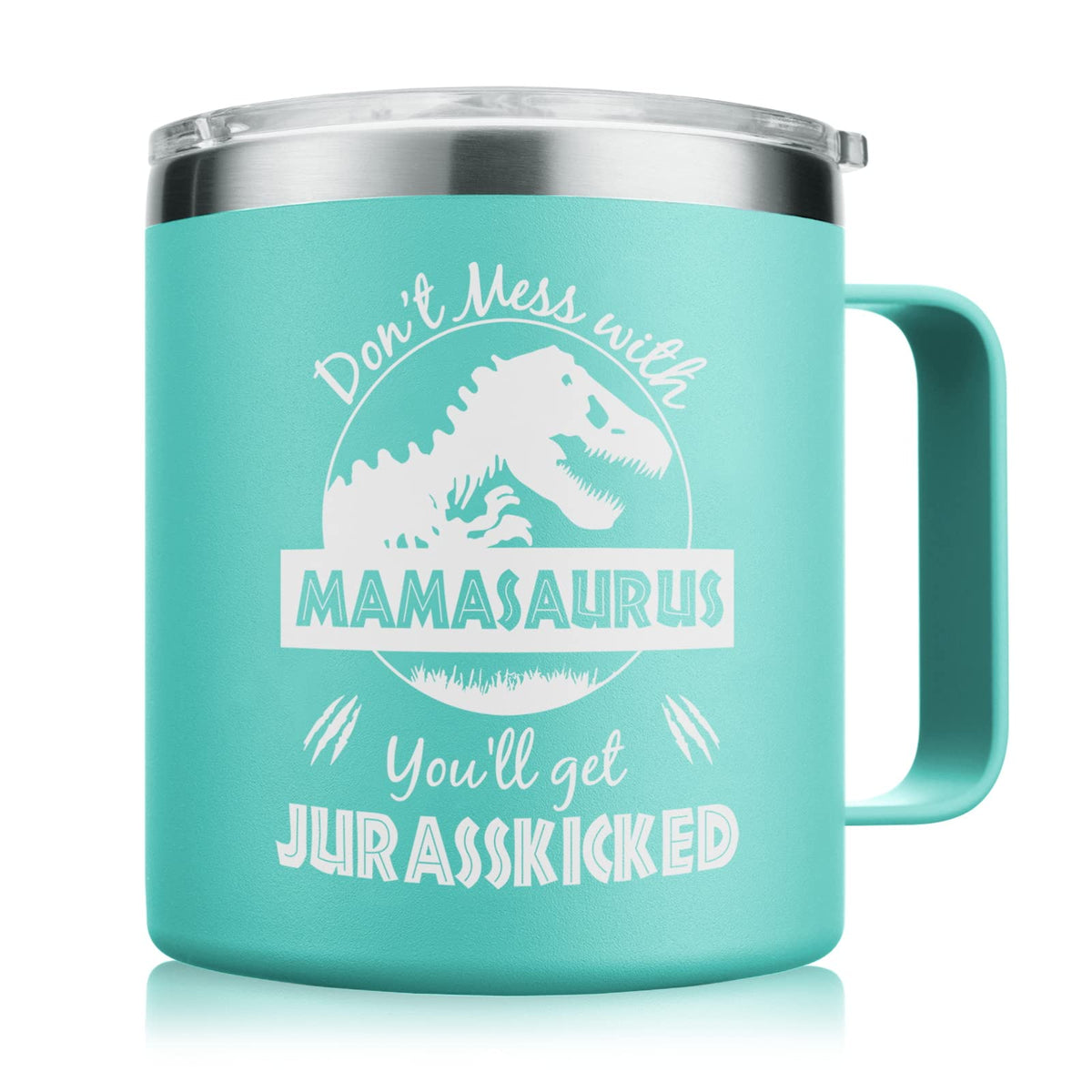 NOWWISH Mamasaurus 14oz tumbler with lid keeps drinks hot or cold.