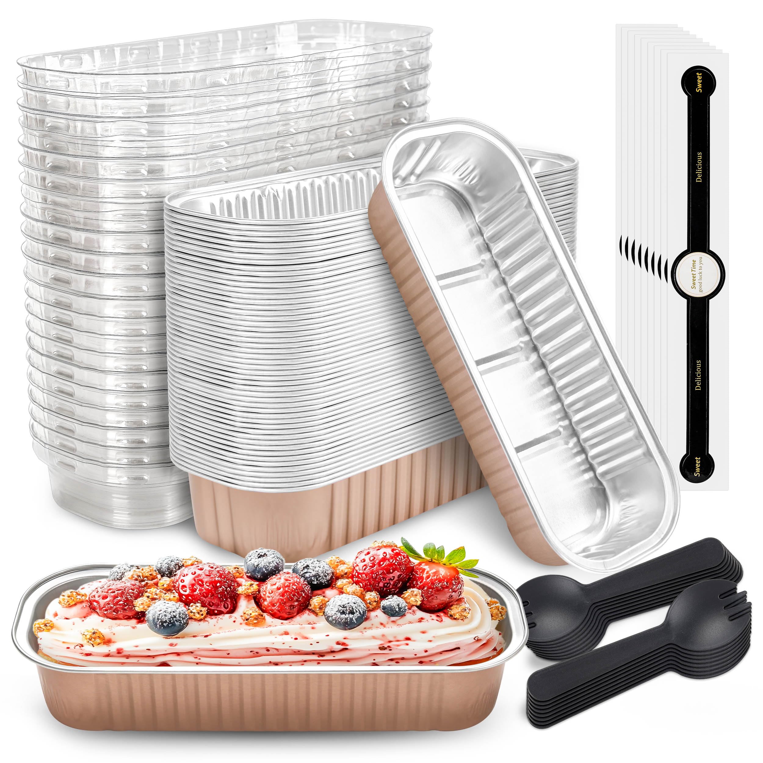 NPLUX 50-pack mini cake pans with lids and spoons, ideal for portioned desserts.