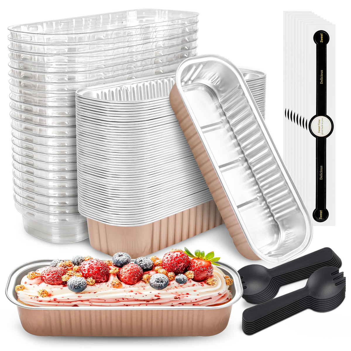 NPLUX 50-pack mini cake pans with lids and spoons, ideal for portioned desserts.