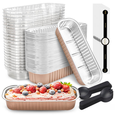 NPLUX 50-pack mini cake pans with lids and spoons, ideal for portioned desserts.