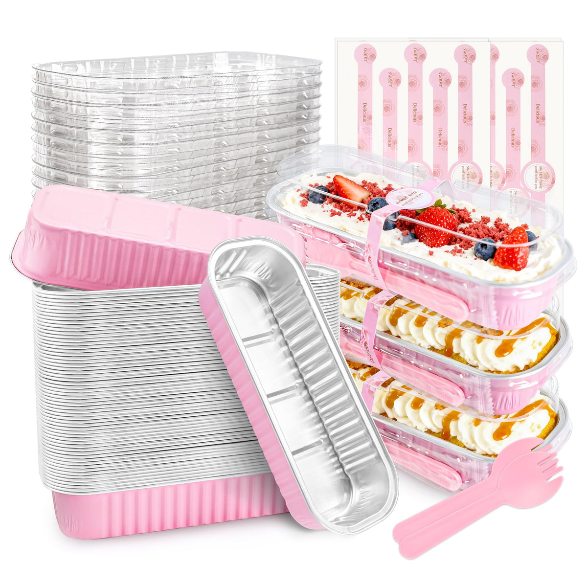 NPLUX mini cake pans with pink lids for individual servings at parties.