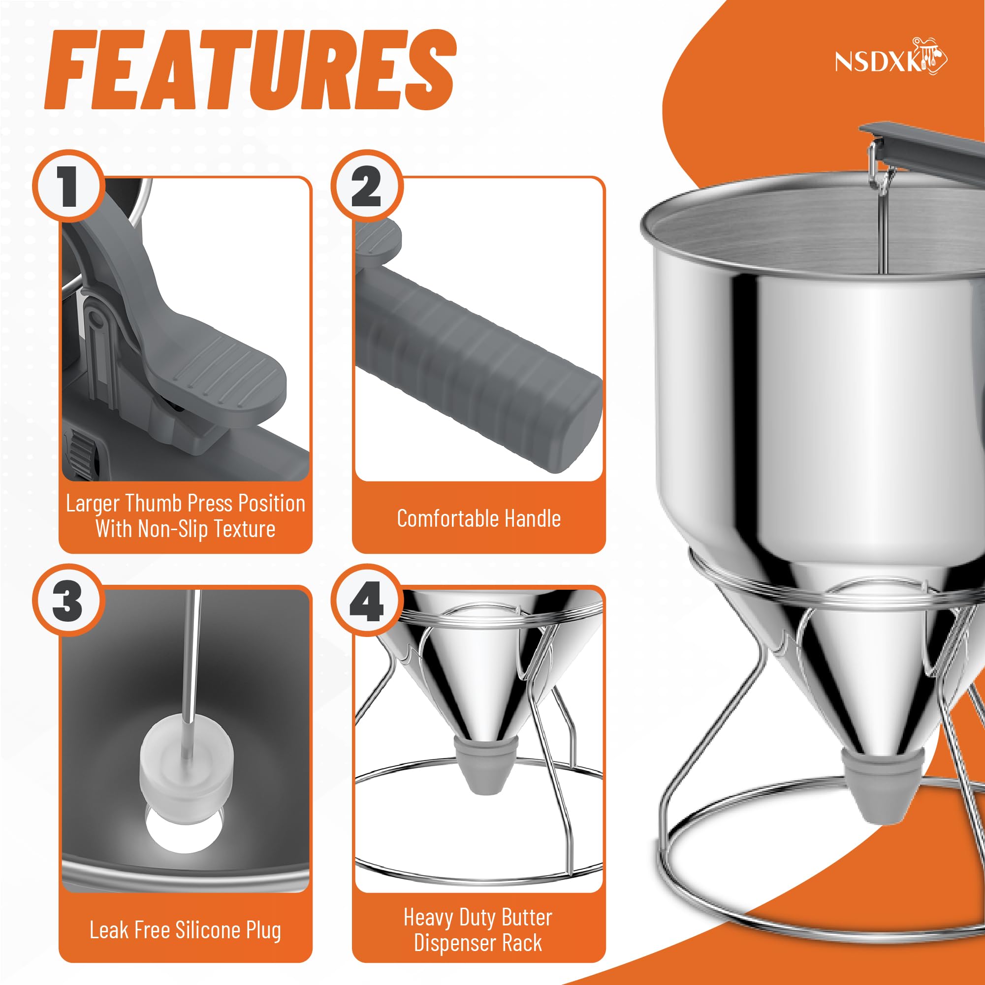 NSDXK four silicone nozzles provide customizable batter flow.