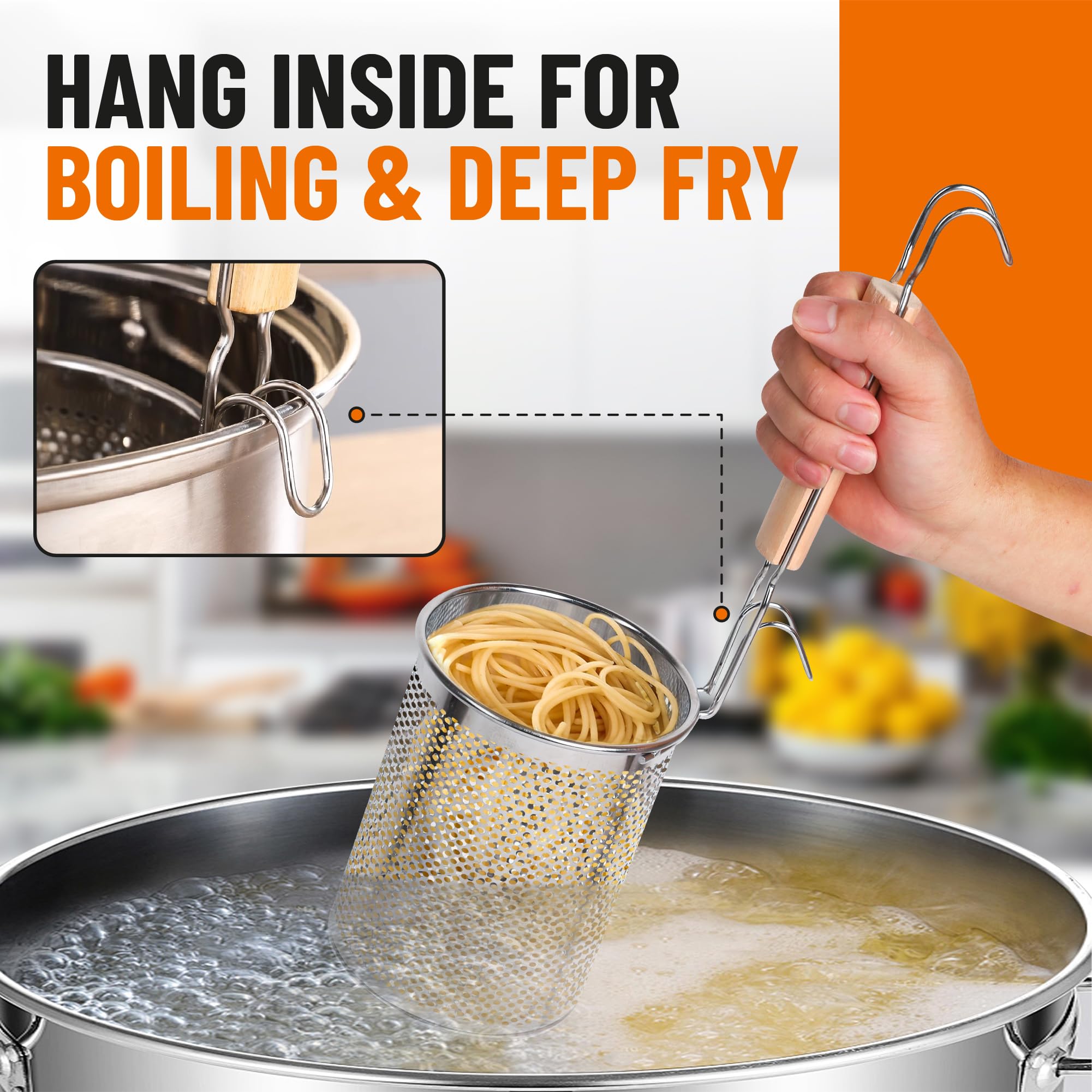 NSDXK stainless steel mesh basket with deep design for noodles and vegetables.