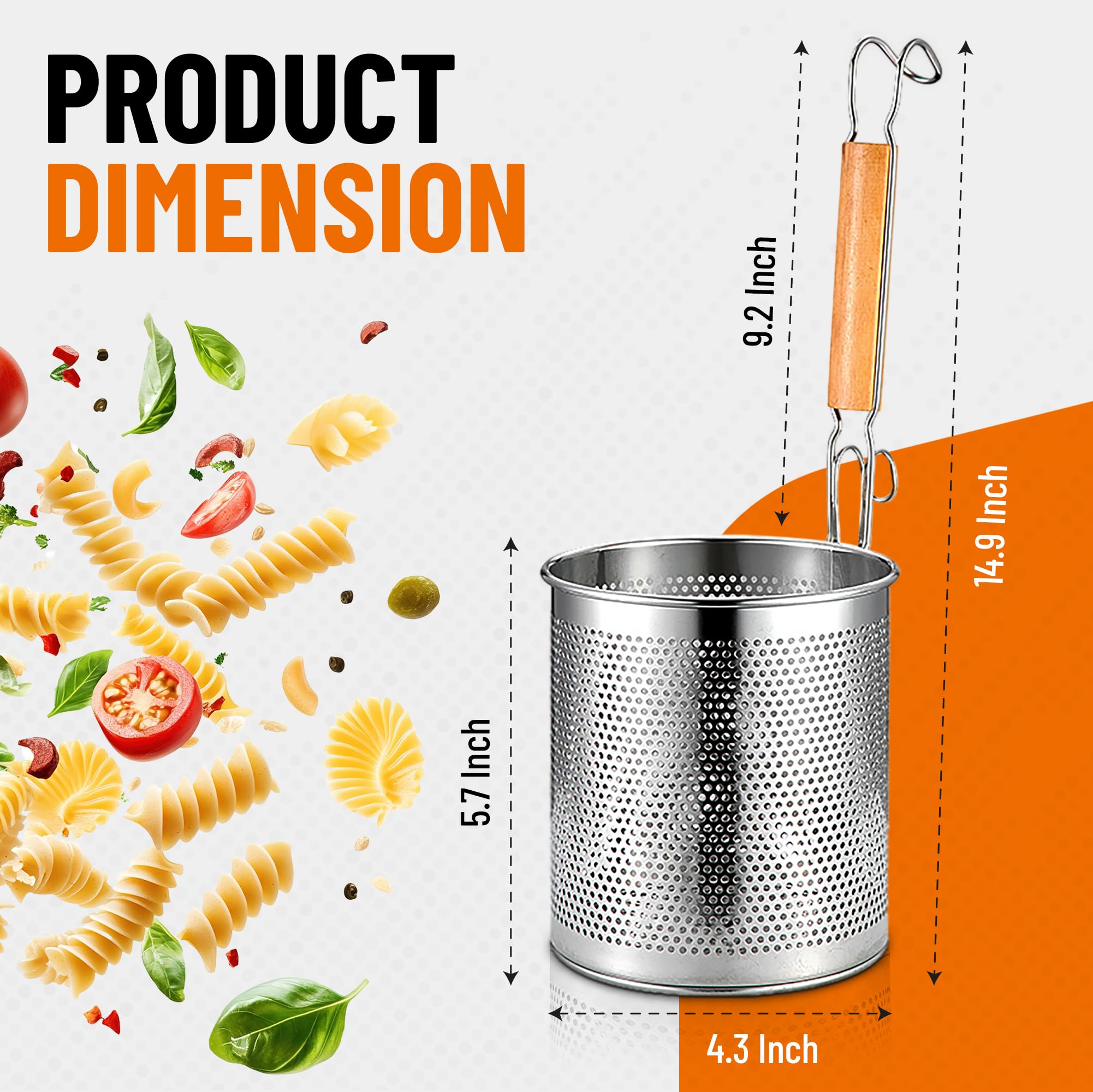 NSDXK pasta basket with wooden handle for safe heat protection.