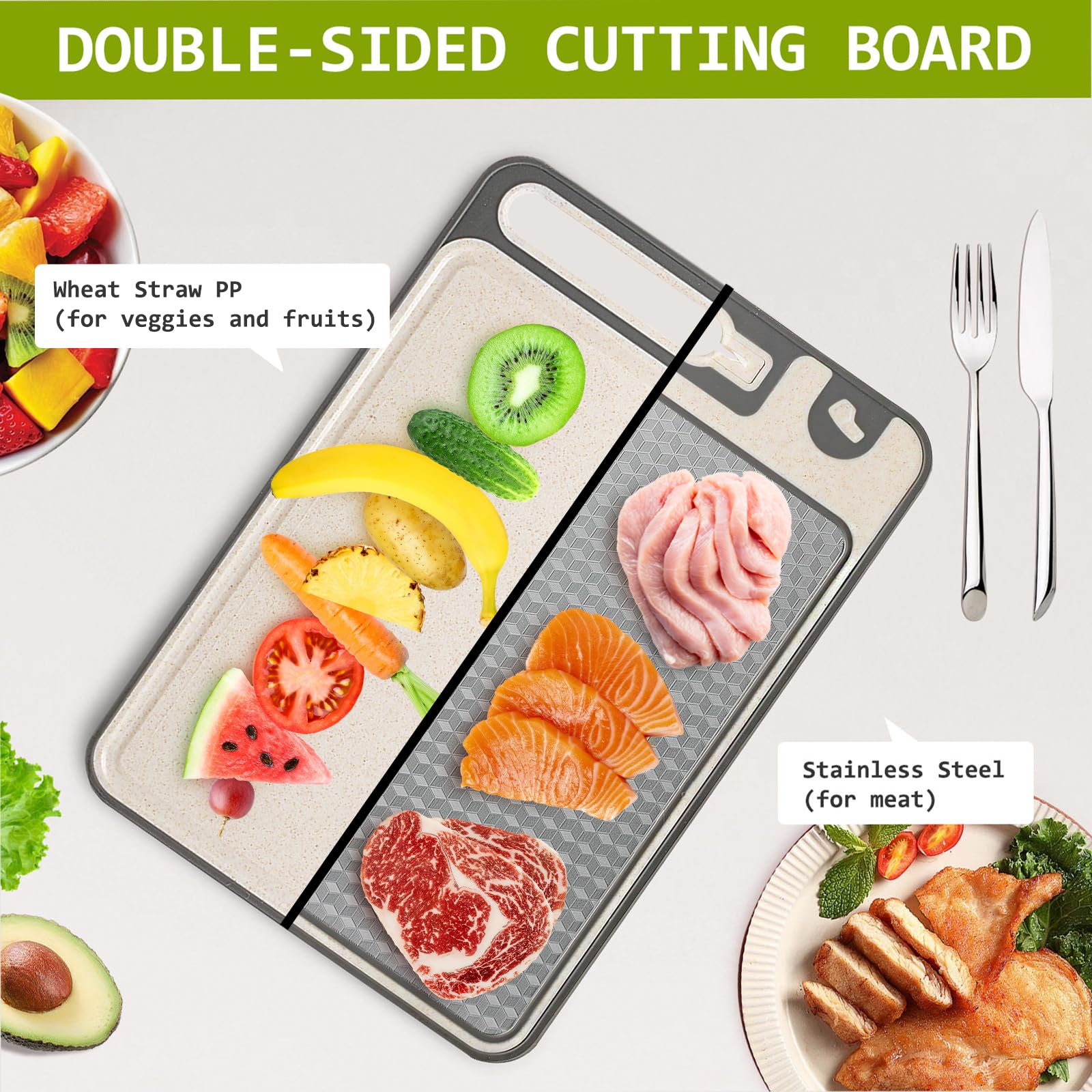 NTIERA 3-in-1 wheat straw side cutting board for vegetables and fruits with easy cleanup