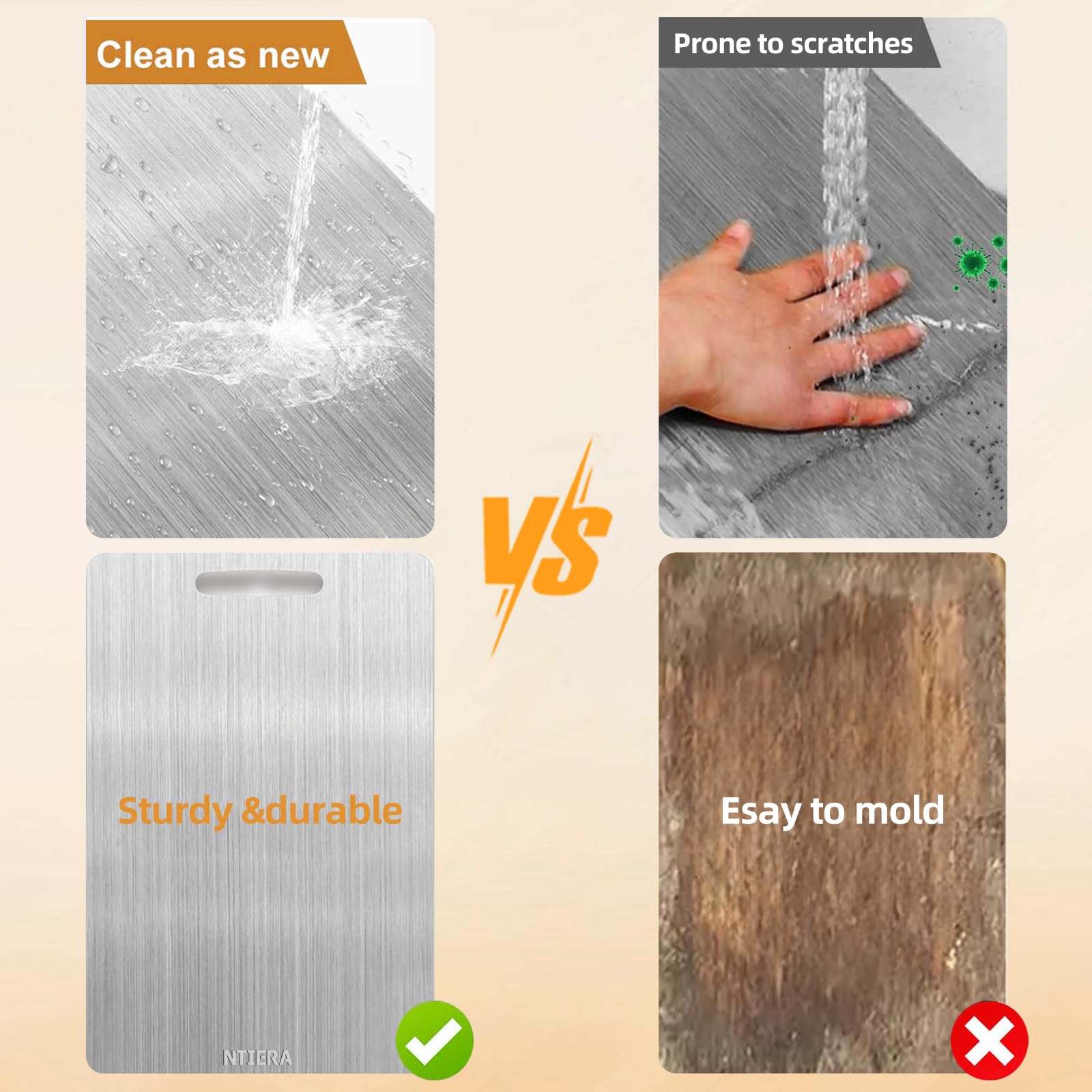 NTIERA titanium cutting board shows stainless steel core for durability