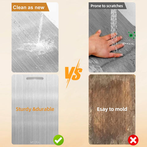 NTIERA titanium cutting board shows stainless steel core for durability
