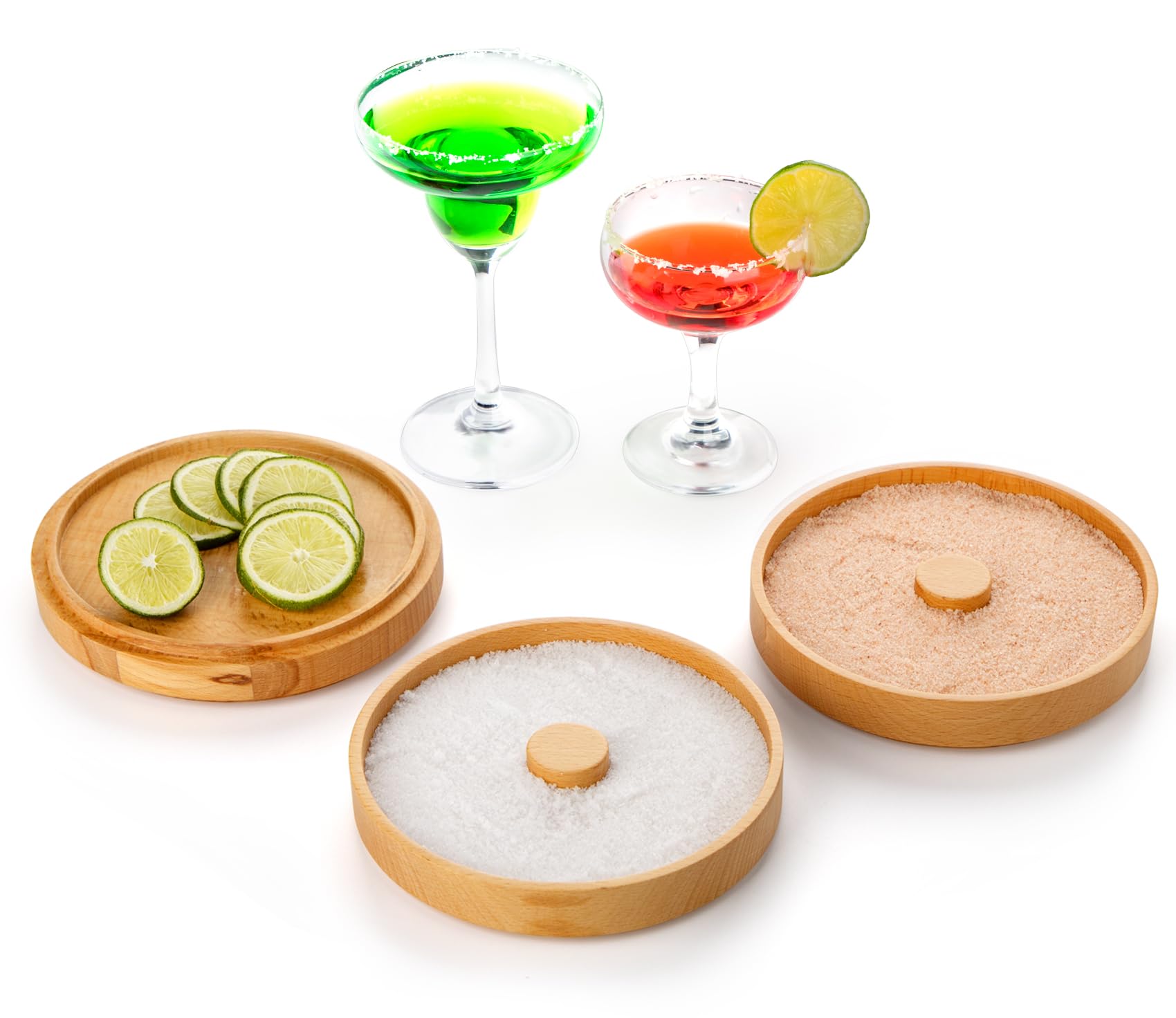 Nucookery 3-tier wood rimmer with separate salt, sugar, and lime juice compartments.
