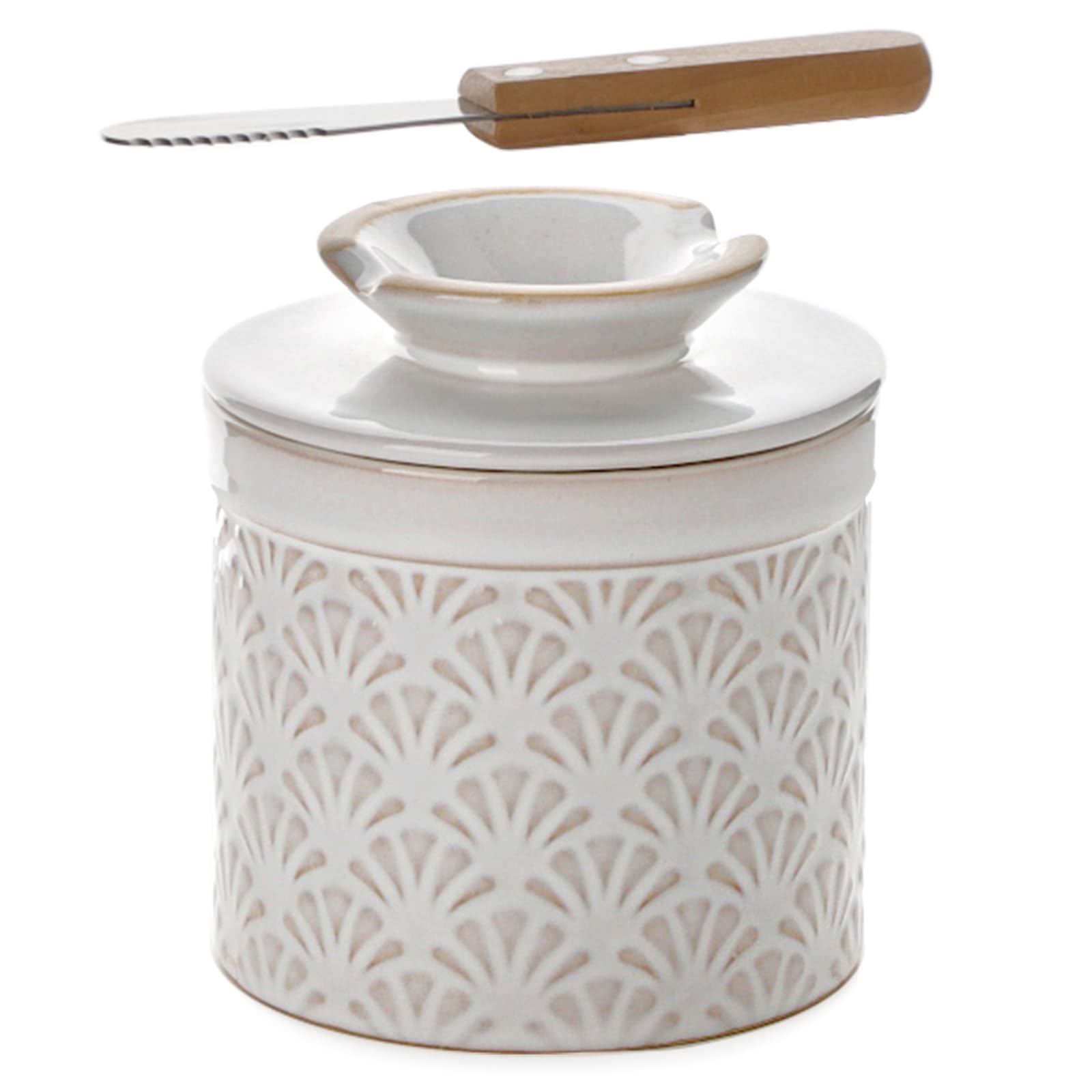 Nucookery butter crock with water-seal keeps butter soft and spreadable on the counter