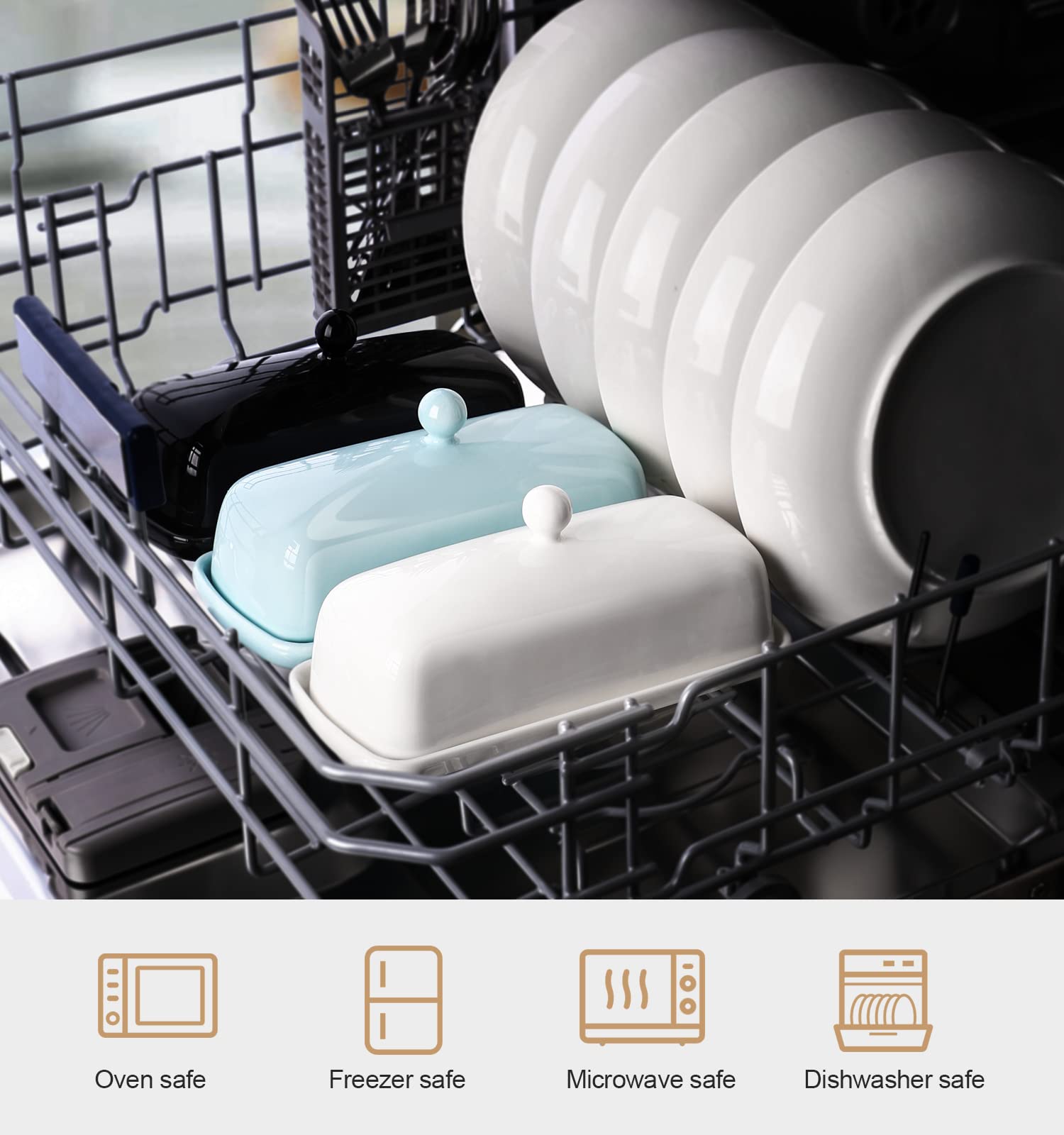 Nucookery butter dish extended feet keep the surface clean and protected.