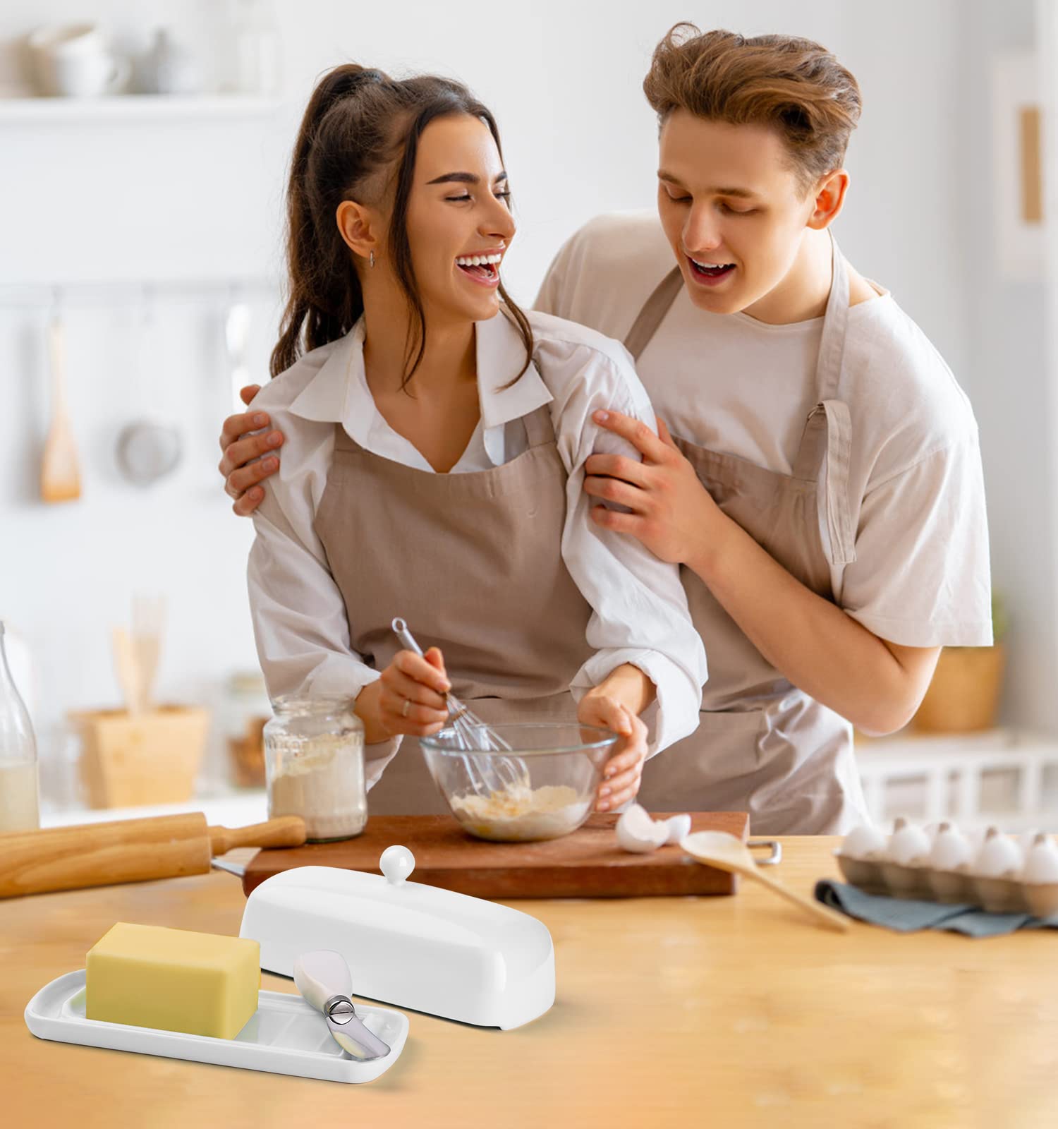 Nucookery butter dish lid secures butter during transport and storage.