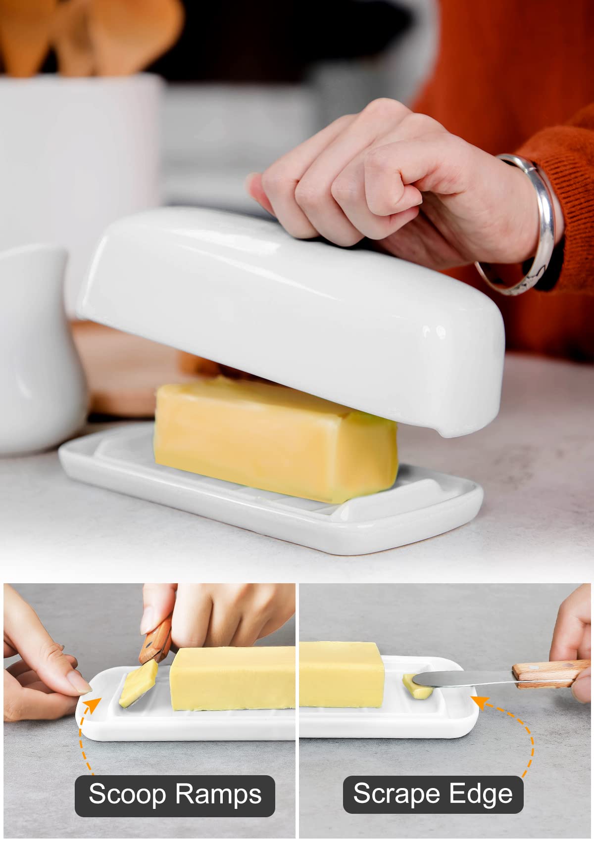 Nucookery butter dish scoop-plate feature aids quick and clean butter handling.