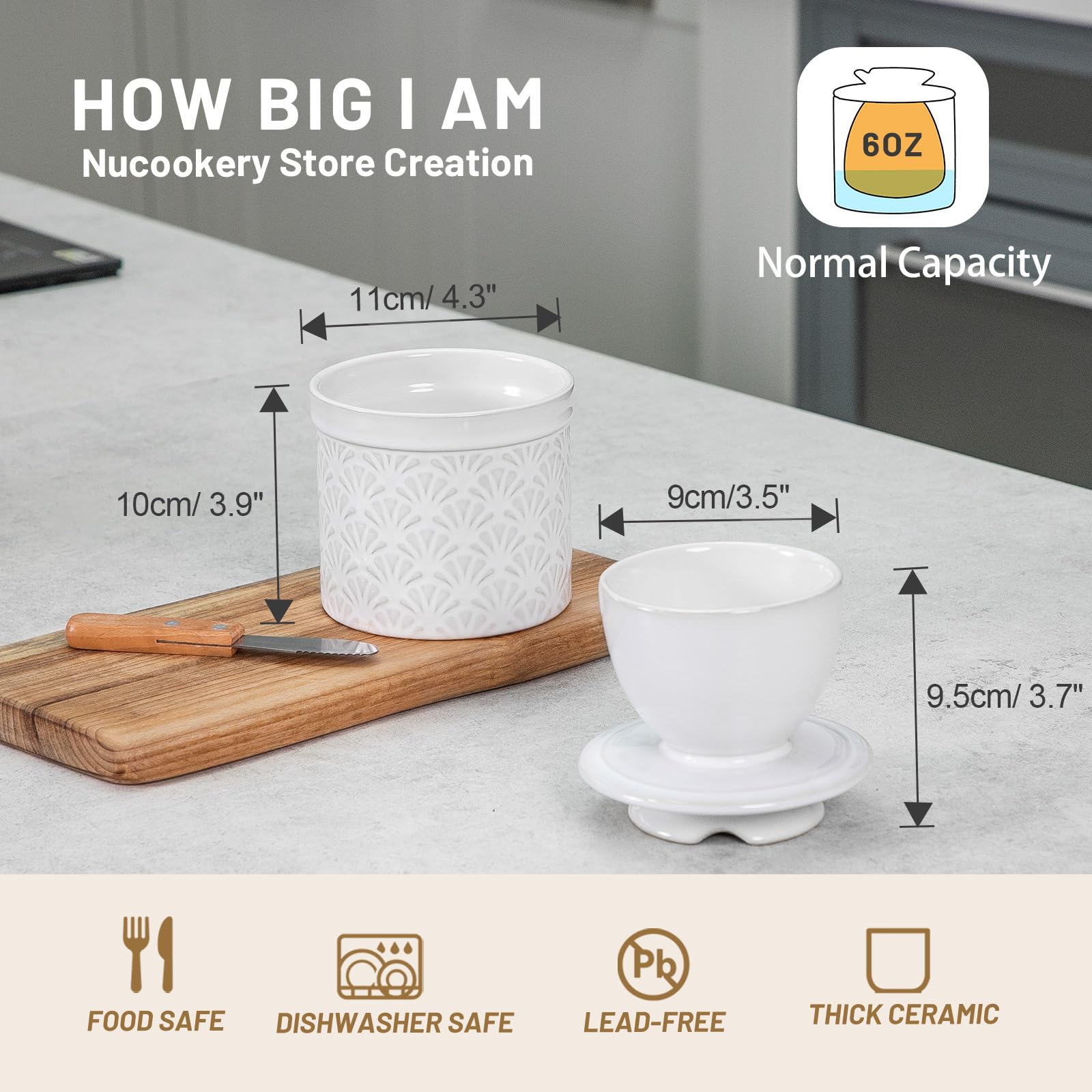Nucookery butter crock with deep base preventing smudges on the counter