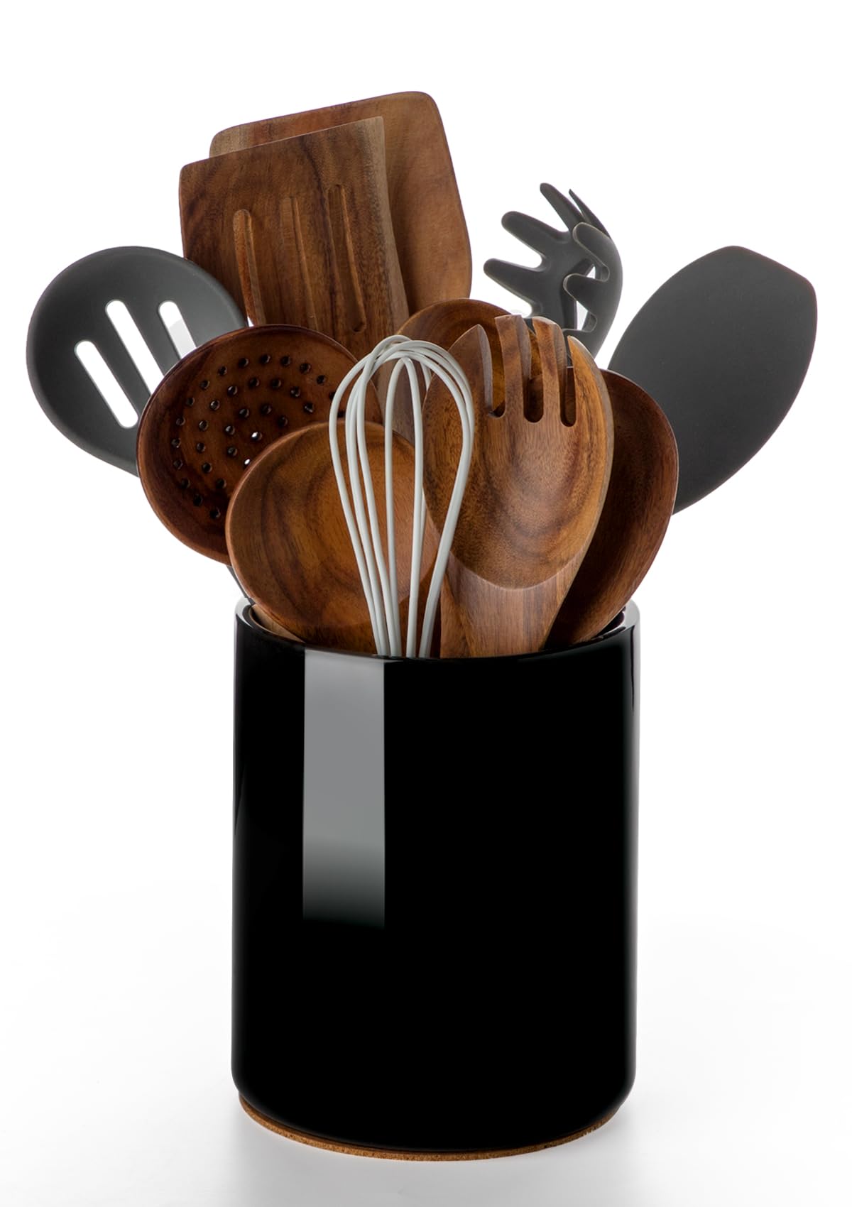 Nucookery utensil holder front view on counter protects surfaces.