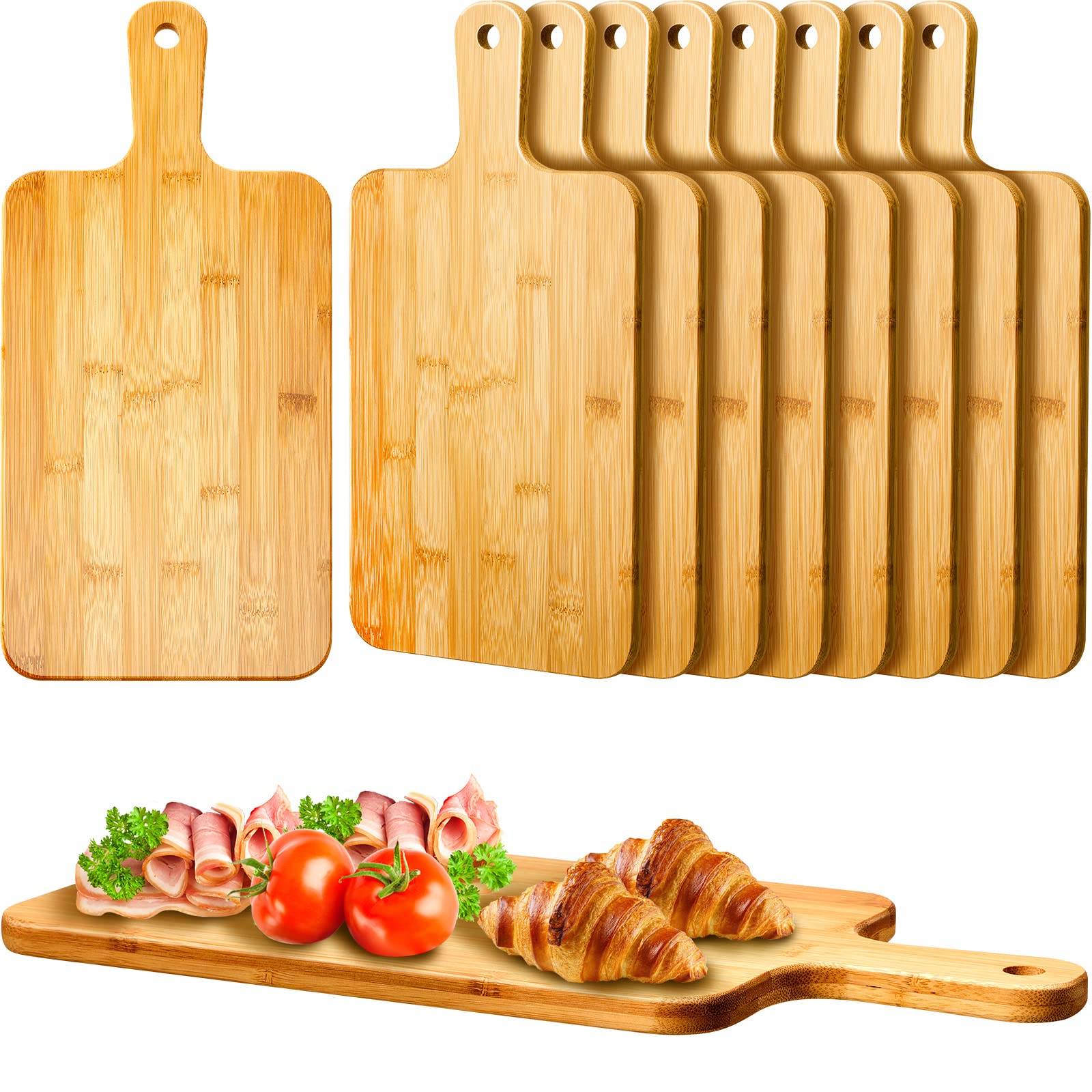Nuenen 10-piece bamboo cutting boards with handles for easy prep and serving.