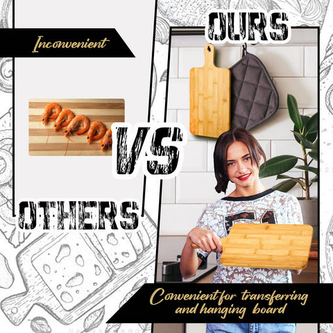 Nuenen bamboo bread board with handle for neat slicing and serving.