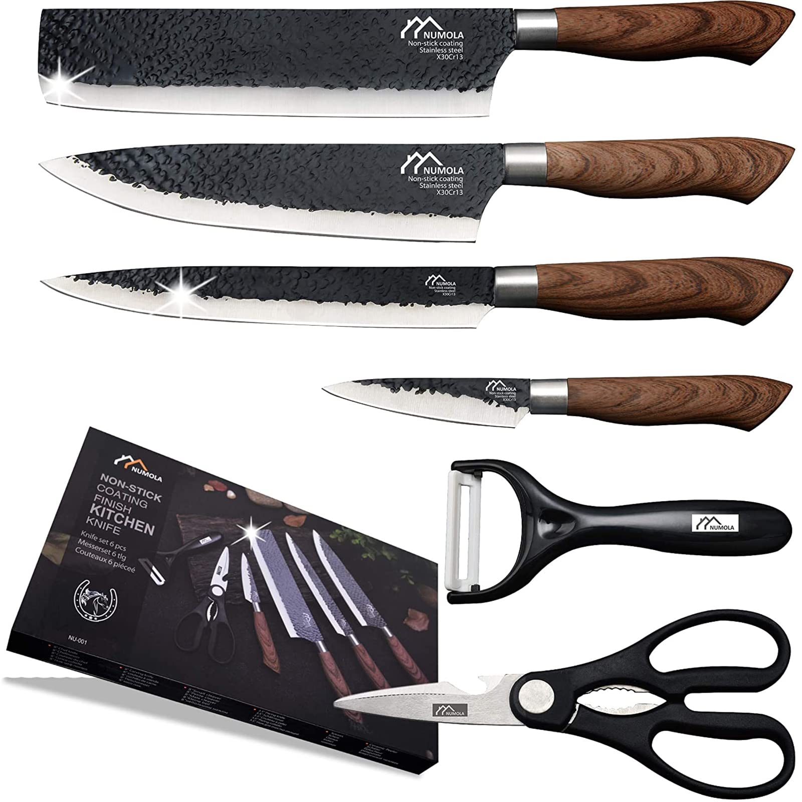 Numola 6-piece black professional knife set box shown, ideal for gifting and organized prep.