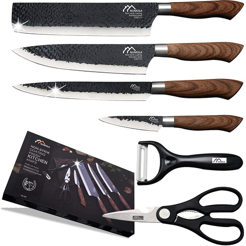 Numola 6-piece black professional knife set box shown, ideal for gifting and organized prep.