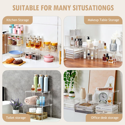 Nuoex Clear Acrylic Shelf with two sizes stacks easily for space-saving vertical storage.