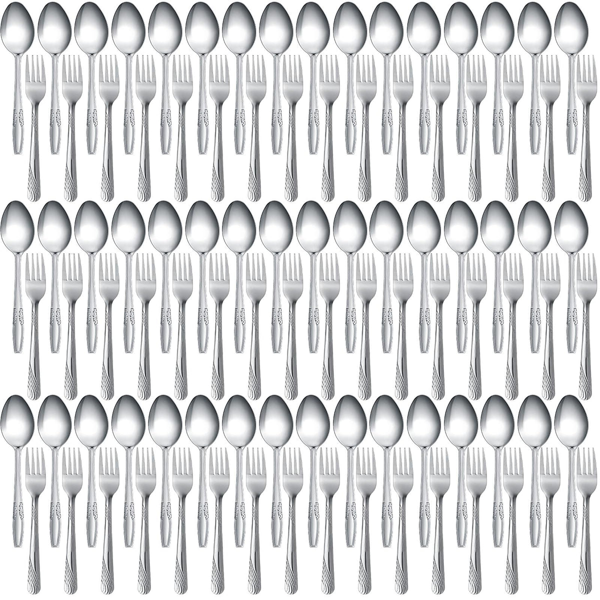 Nuogo 100-piece flatware set on a dining table with mirror finish for elegance.