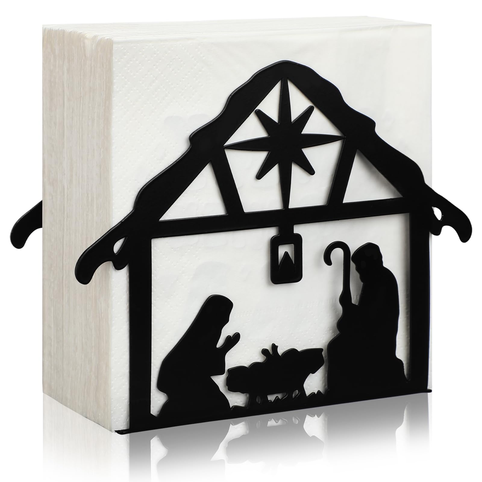 Nuogo Christmas nativity napkin holder on black metal, adds festive table decor.