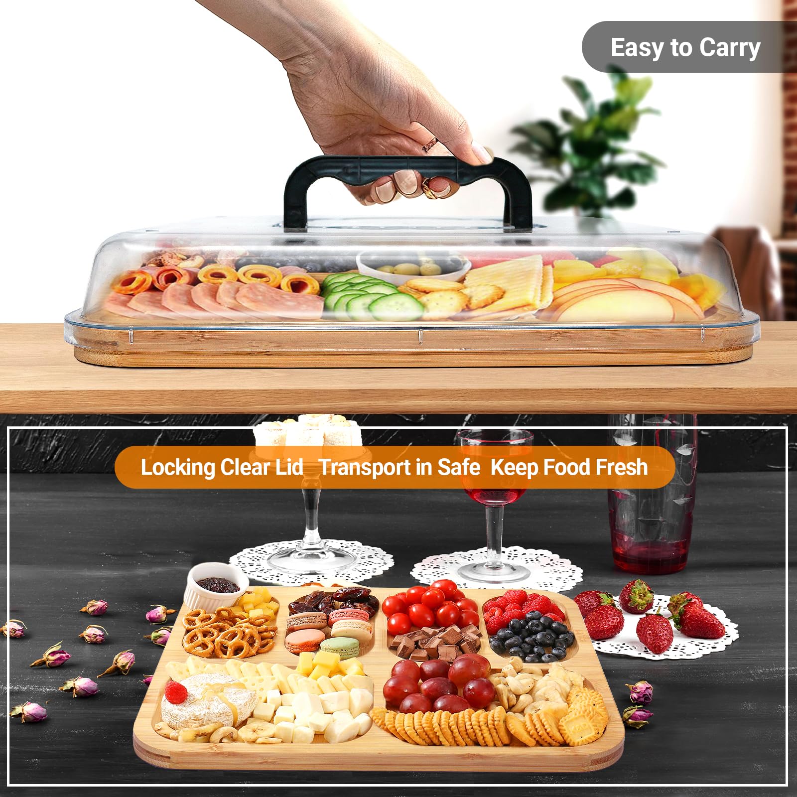 NUOLAN bamboo board with six compartments for organized snack display.