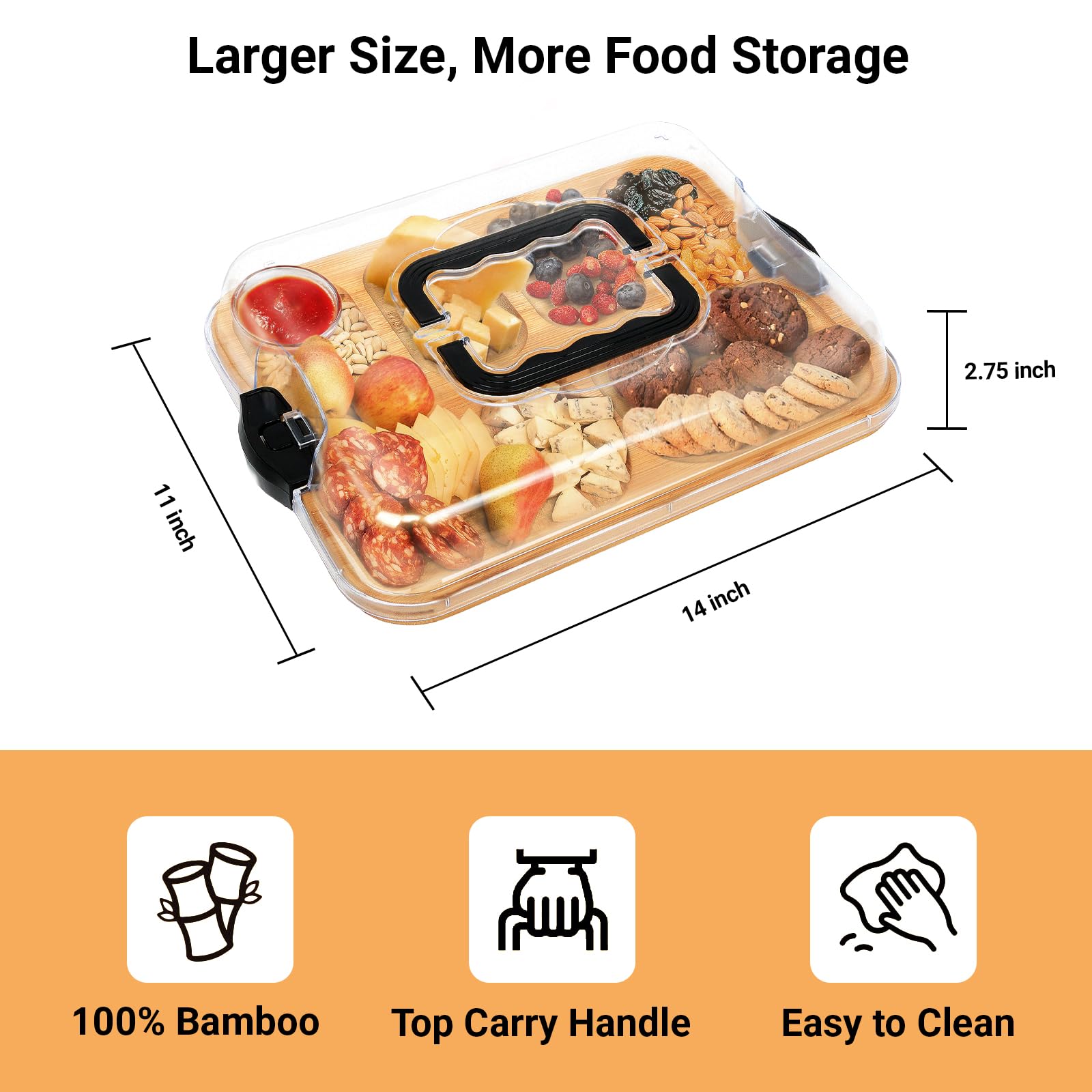 NUOLAN bamboo tray showcasing varied cheeses, fruits, and meats.