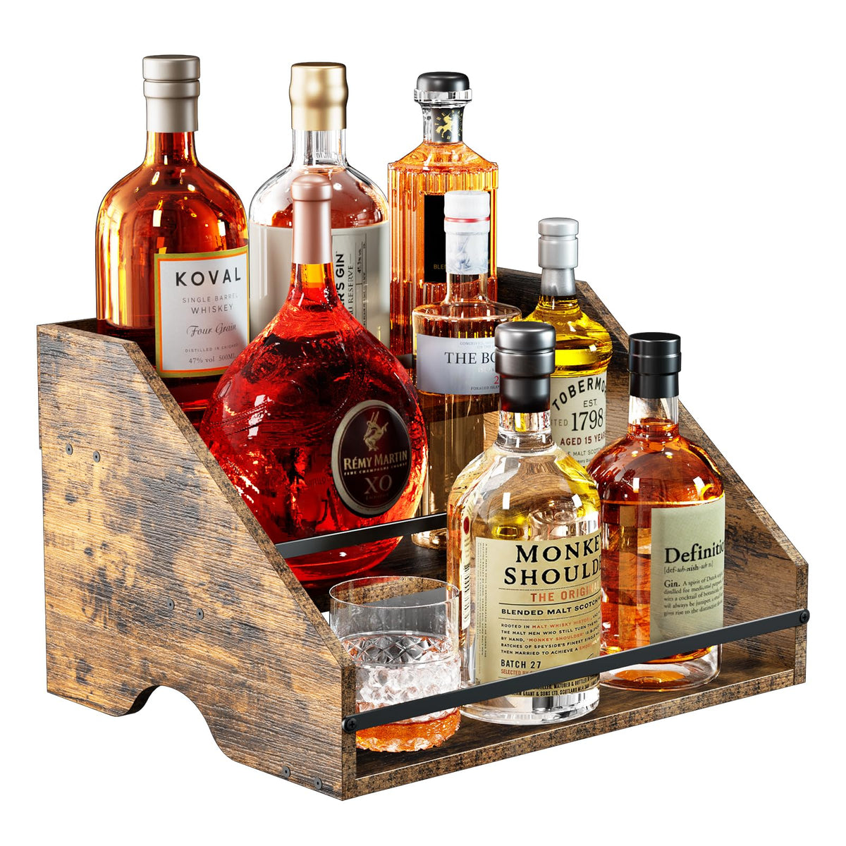 Nuovoware liquor bottle display shelf keeps spirits organized on the counter.