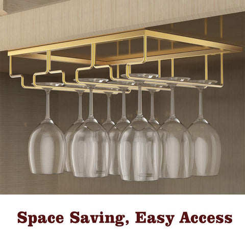 Nuovoware wine glass rack with gold finish adds stylish kitchen storage.
