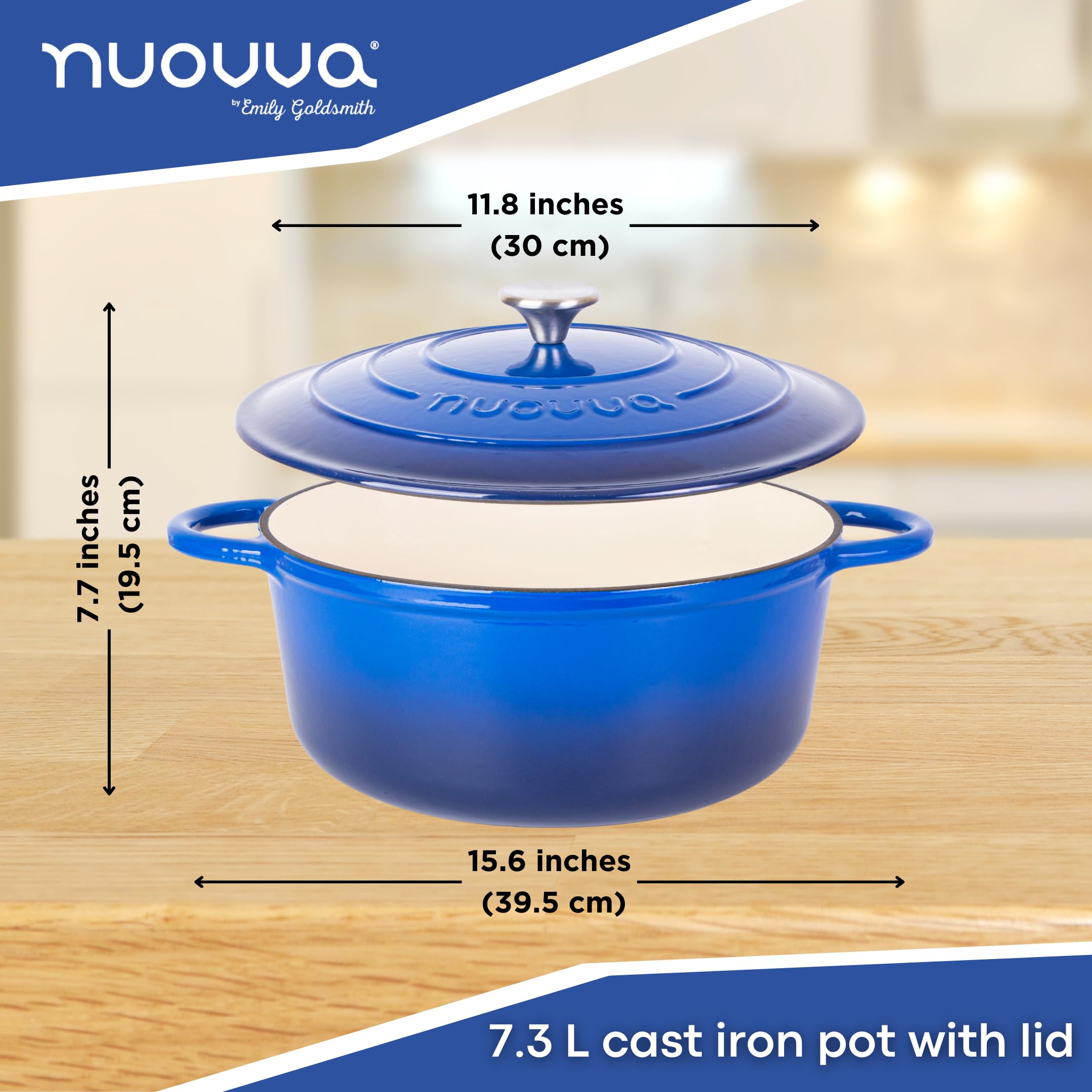 Nuovva cast iron Dutch oven with lid off shows a wide cooking surface for searing.